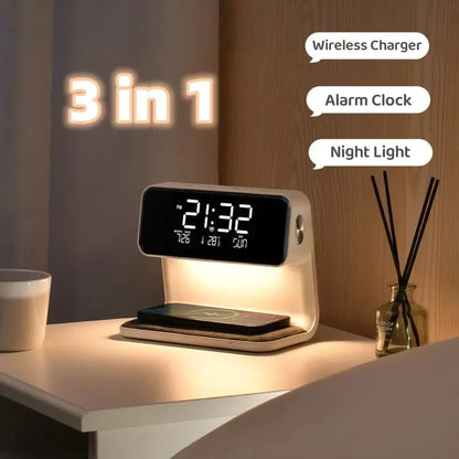 3 In 1 Bedside Lamp Wireless Charging LCD Screen Alarm Clock - Wealth & Riches 