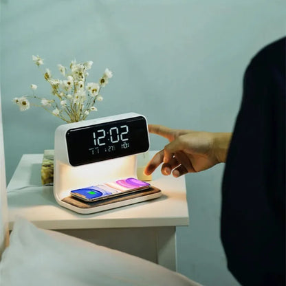 3 In 1 Bedside Lamp Wireless Charging LCD Screen Alarm Clock - Wealth & Riches 